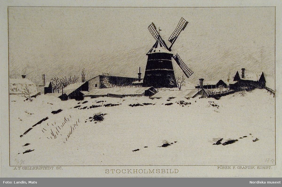 Grafiskt tryck efter original av A T Gellerstedt. "En av ATGs mest porträtterade kvarnar var den bastanta 'Holländskan' i kvarteret Åsen på Södermalm. Januari 1891."