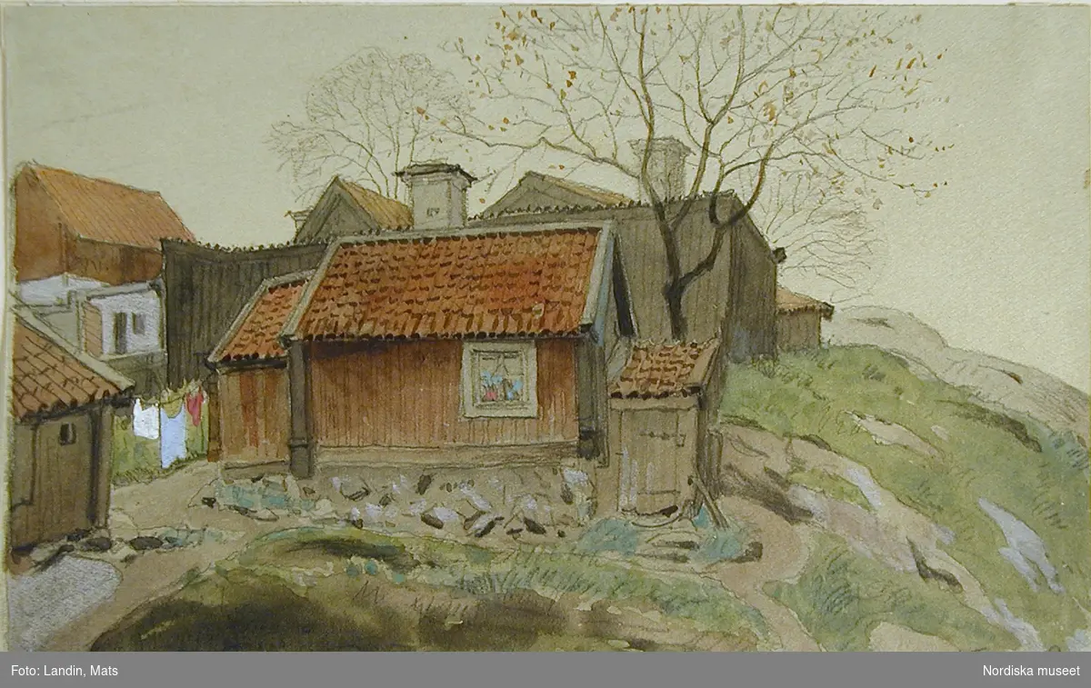 Akvarell av A T Gellerstedt. "Kåkkvarter på Södra Bergen. 1905"