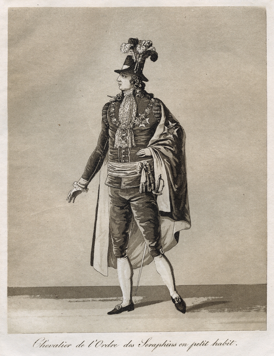 "Chevalier de l'Ordre des Seraphins en petit habit." Lilla Serafimerdräkten. Akvatint trol. av J A Aleander, 1780-tal.