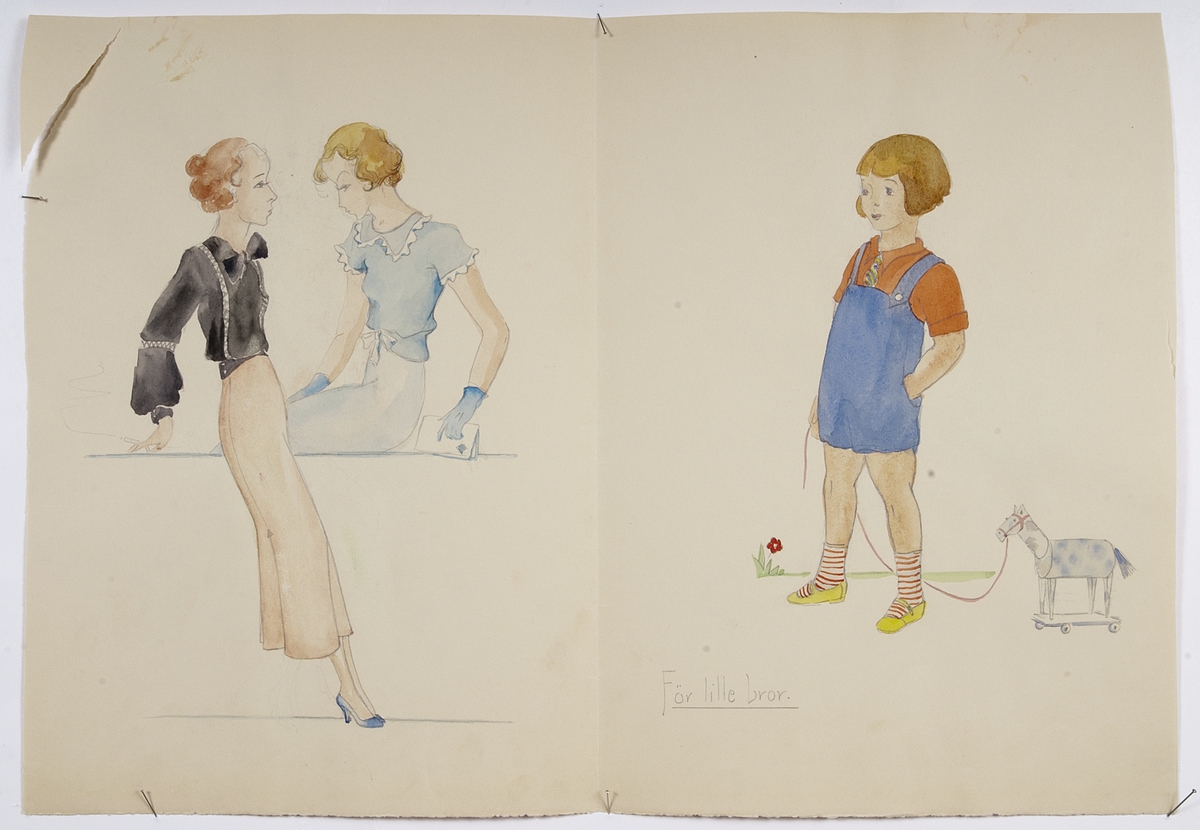 Två kvinnor samt pojkar och flickor i olika kreationer, 1930-tal