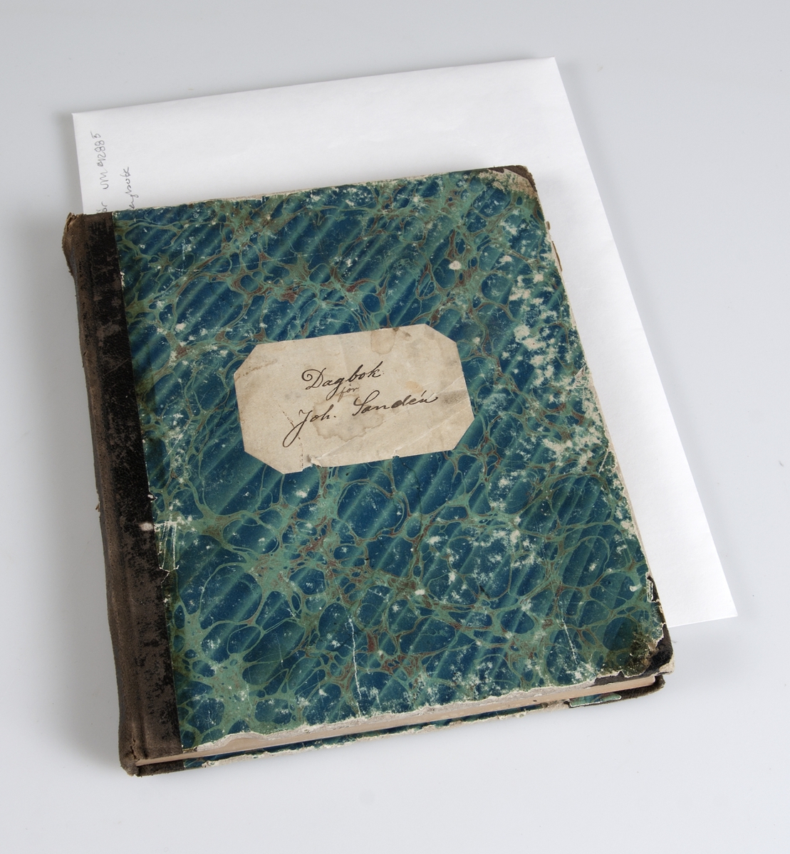 Grön och blå dagbok. På framsidan en ljusbrun handskriven etikett, dagbok för Joh. Sandén. Utsidan mönstrad. Inbunden.