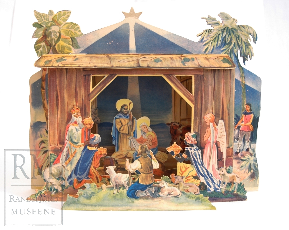 Stallen i Betlehem ifl. kristen tradisjon. Jesusbarnet i krybben, Maria og Josef, hyrder og ulike dyr.