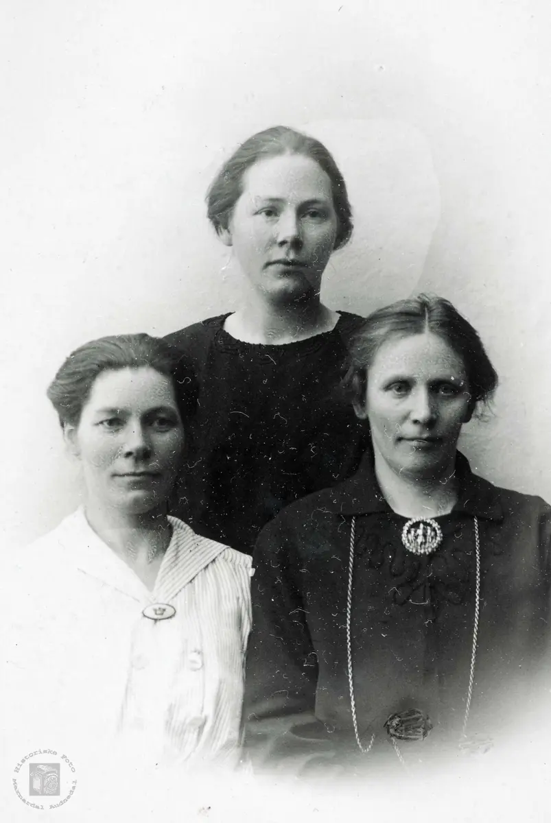 Portrett av tre jenter fra Selandsdalen. Grindheim Audnedal.
