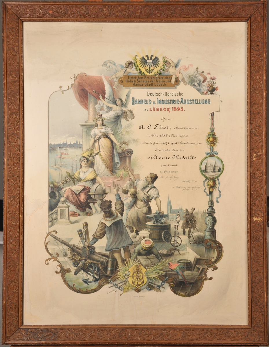 Innrammet diplom for sølvmedalje ved Handels- og industriutstilling i Lübeck, 1895.
