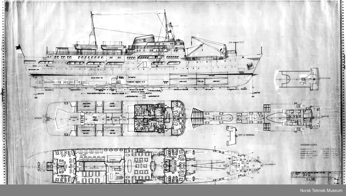 Generalarrangementstegning av B/N 550 Nord-Norge bygget av Akers mek ...