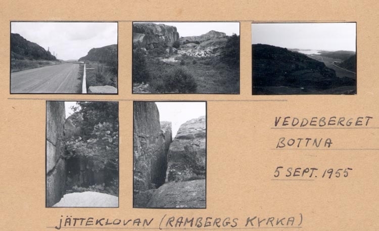 Noterat på kortet: "VEDDEBERGET BOTTNA. 5 Sept 1955".
"JÄTTEKLOVAN (RAMBERGS KYRKA)".