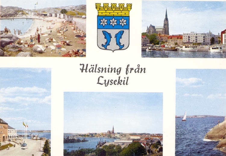 Tryckt text på kortet: "Hälsning från Lysekil".
Text under bilderna. "Pinneviksbadet, Södra hamnen, Hotell Lysekil, Stångehuvud."
"ULTRAFÖRLAGET A. B. SOLNA".