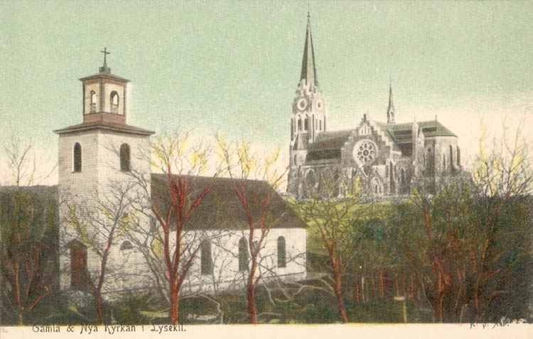 Tryckt text på kortet: "Gamla & Nya Kyrkan i Lysekil".