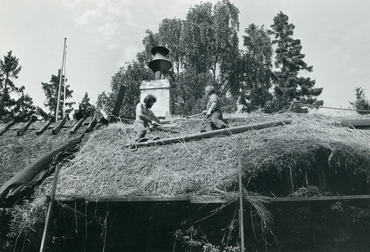 Halmtakläggning på manhusbyggnaden från Krafsagården i Olofstorp, Valinge i september 1980.