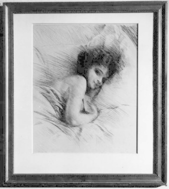 Etsning, motivet visar en flicka liggande till sängs med ett brev i handen.