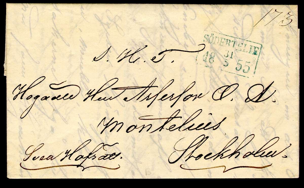 Brev avsänt från postkontoret i Södertälje den 31 maj 1855 till O A Montelius vid Svea Hovrätt i Stockholm. Stämpeltyp: Normalstämpel 7, typ 2