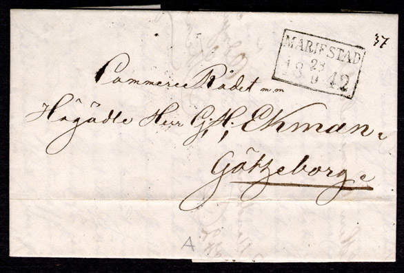 Albumblad innehållande 1 monterat förfilatelistiskt brev

Text: Privatbrev daterat Mariestad 23.9. 1842 till Götheborg

Stämpeltyp: Fyrkantstämpel  typ 1