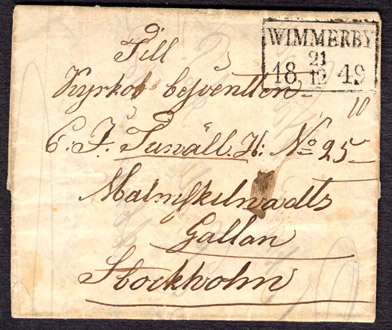 Albumblad innehållande 1 monterat förfilatelistiskt brev

Text: Privatbrev från Wimmerby till Stockholm den 21 december 1849

Stämpeltyp: Normalstämpel 7 typ 2