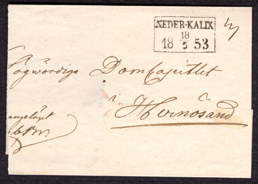 Albumblad innehållande 1 monterat förfilatelistiskt brev

Text: Fragment av fribrev från Neder-Kalix den 18 maj 1853 till
Hernösand

Etikett/posttjänst: Fribrev

Stämpeltyp: Normalstämpel 7  typ 2