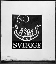 Ej realiserade förslag till nya frimärkstyper 1951. Konstnär: Lars Norrman. Motto: "Hög valör". 7. Vikingaskepp, hällristning. Valör 60 öre.