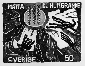 Frimärksförlaga till frimärket Världskampanjen mot hunger, utgivet 21/3 1963. Med anledning av FN-kampanjen mot hungern. Motivet är tre stycken sädesax samt stiliserade händer. Originalteckning och förslagsskisser utförda av Vera Nilsson. Valör 50 öre.