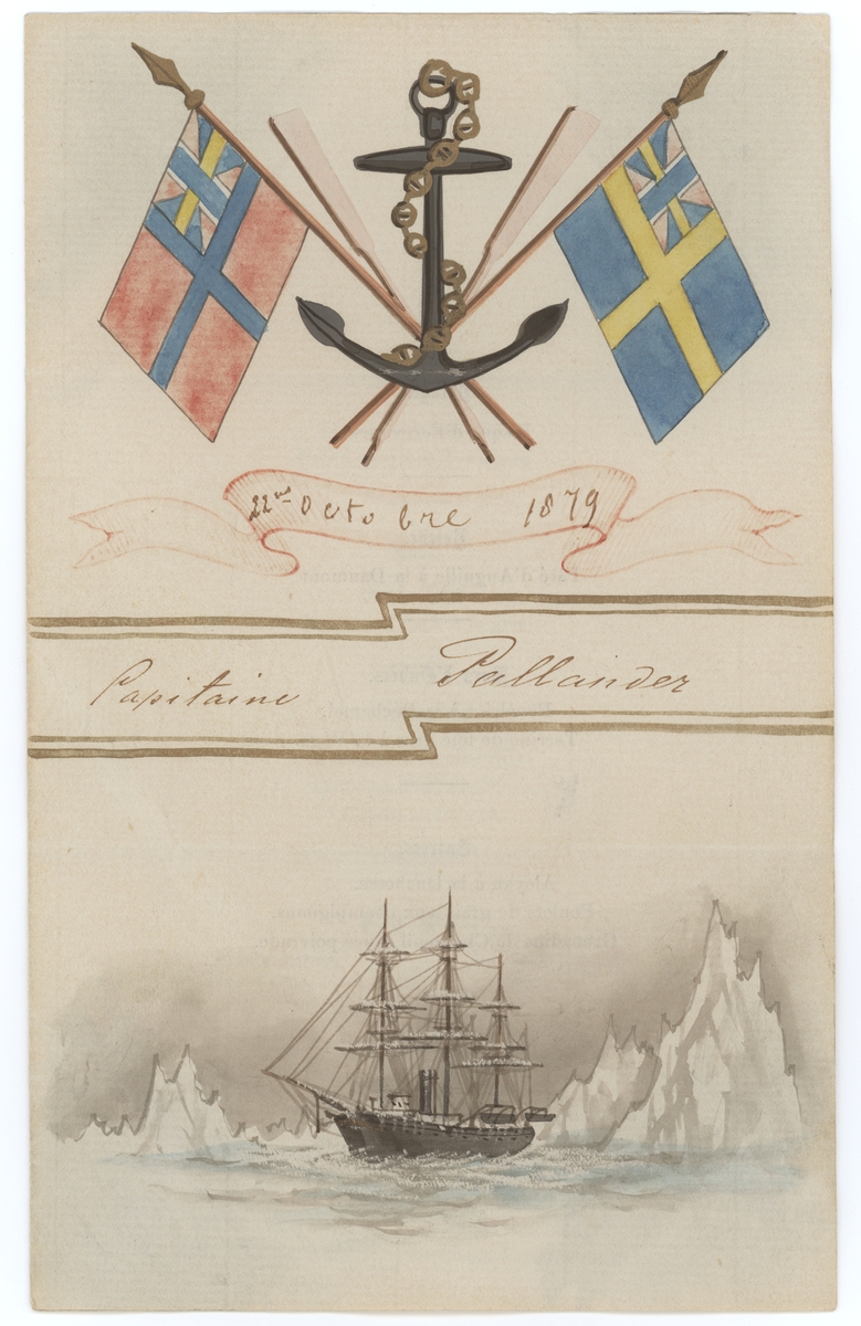Meny, framsida

På framsidan syns svenska och norska unionsflaggorna och en teckning av Vega. Texten är på franska och mitt på bilden står: "Capitaine Palander".