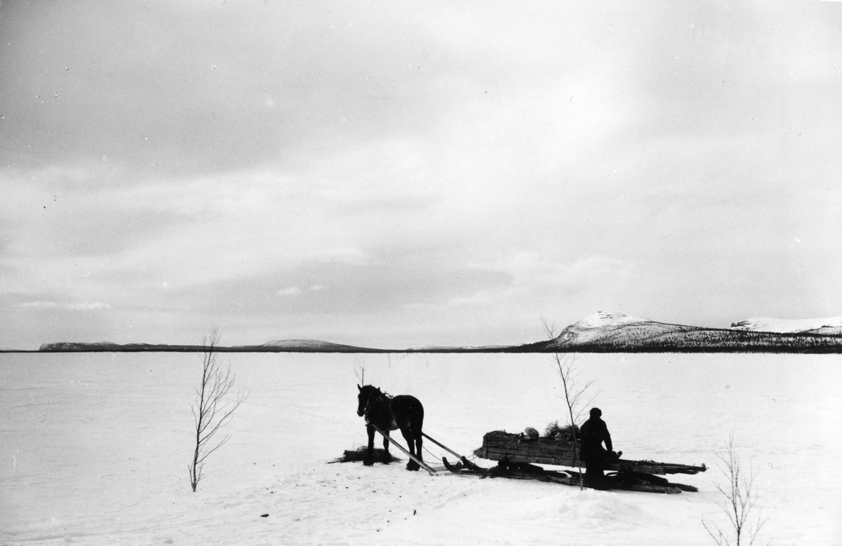 Lantbrevbärare Per Andersson på linjen Långudden-Västerfjäll (45,5 km) har hämtat post i Ramanj vid sjön Tjieggelvas.