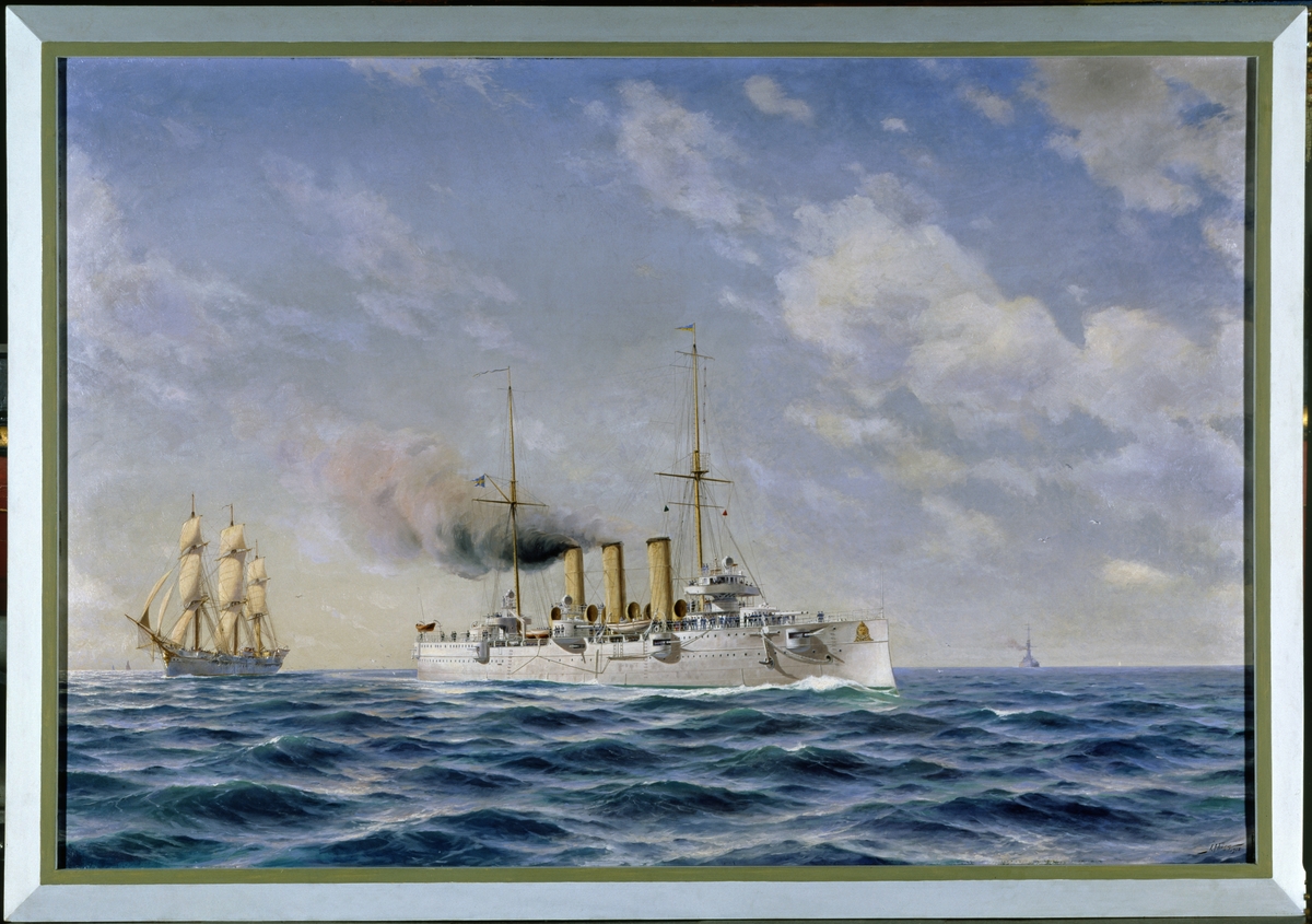 Målning av J. Hägg 1908 föreställande H.M. pansarkryssare Fylgia mötande H.M. korvetten Saga i öppen sjö.


Insatt i en förgylld, rikt ornamenterad ram.