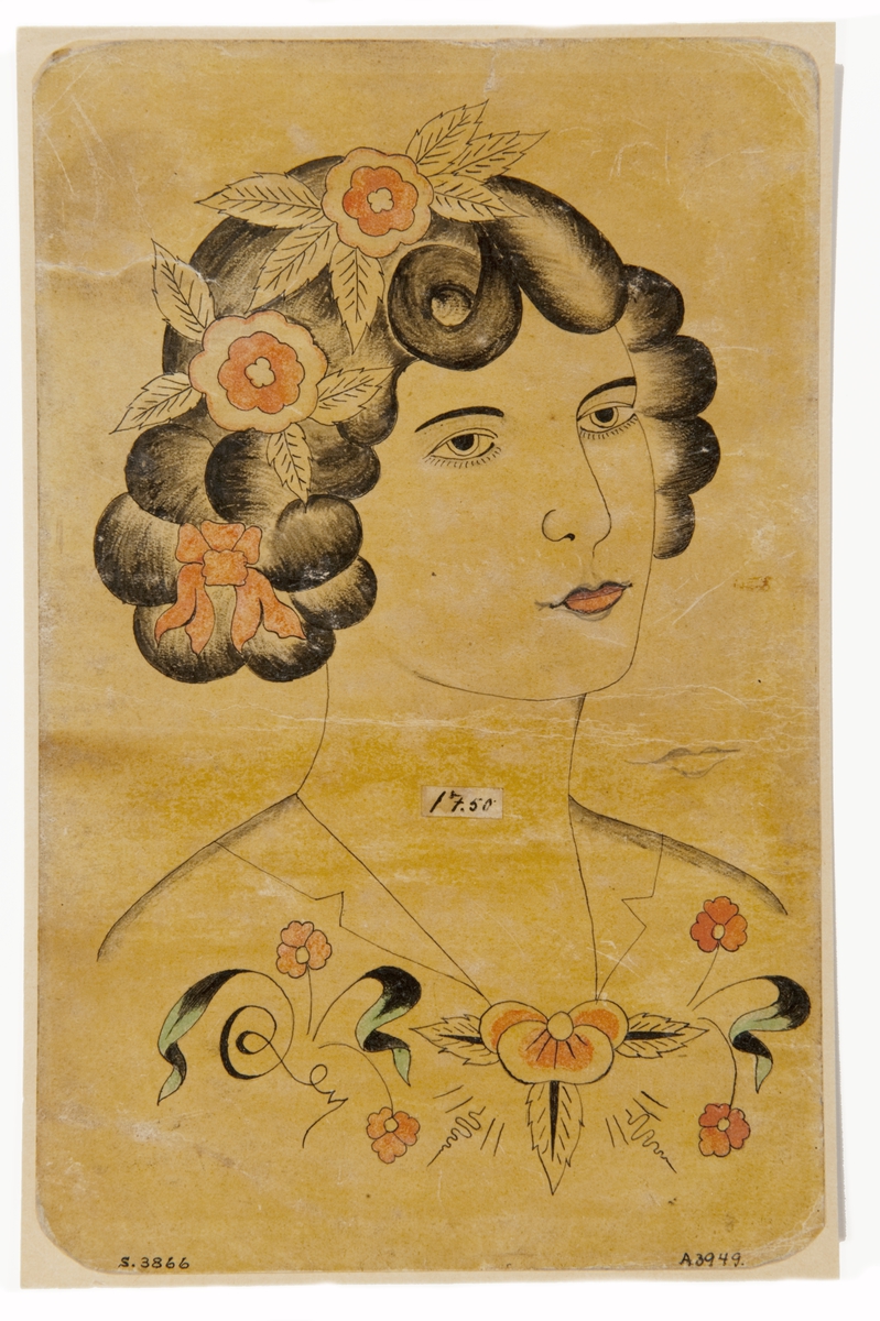 Tatueringsförlaga. Porträtt av kvinna med blommor och rosett i håret.