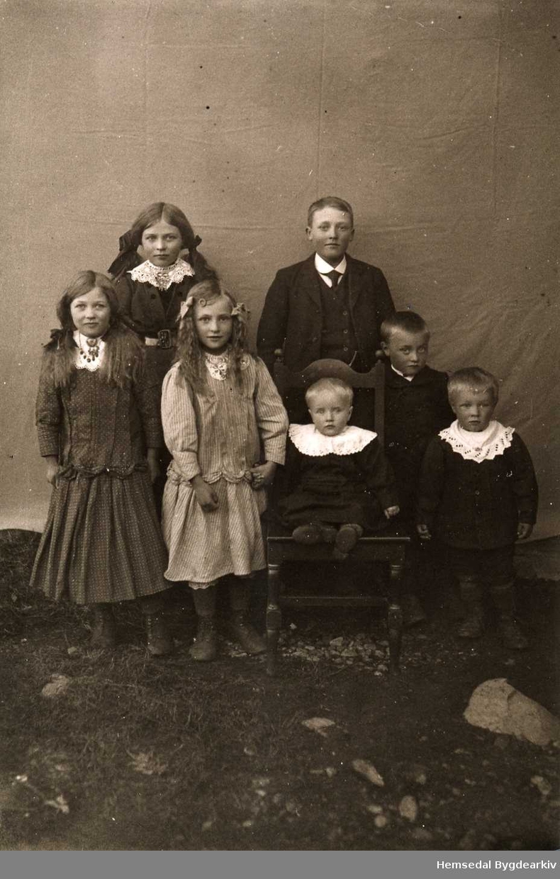 Framme frå venstre: Kari, Olga, Emil, Per og Kristian Langehaug.
Bak frå venstre: Randi og Knut Langehaug
Alle frå Hemsedal.
Fotografiet er frå 1920.