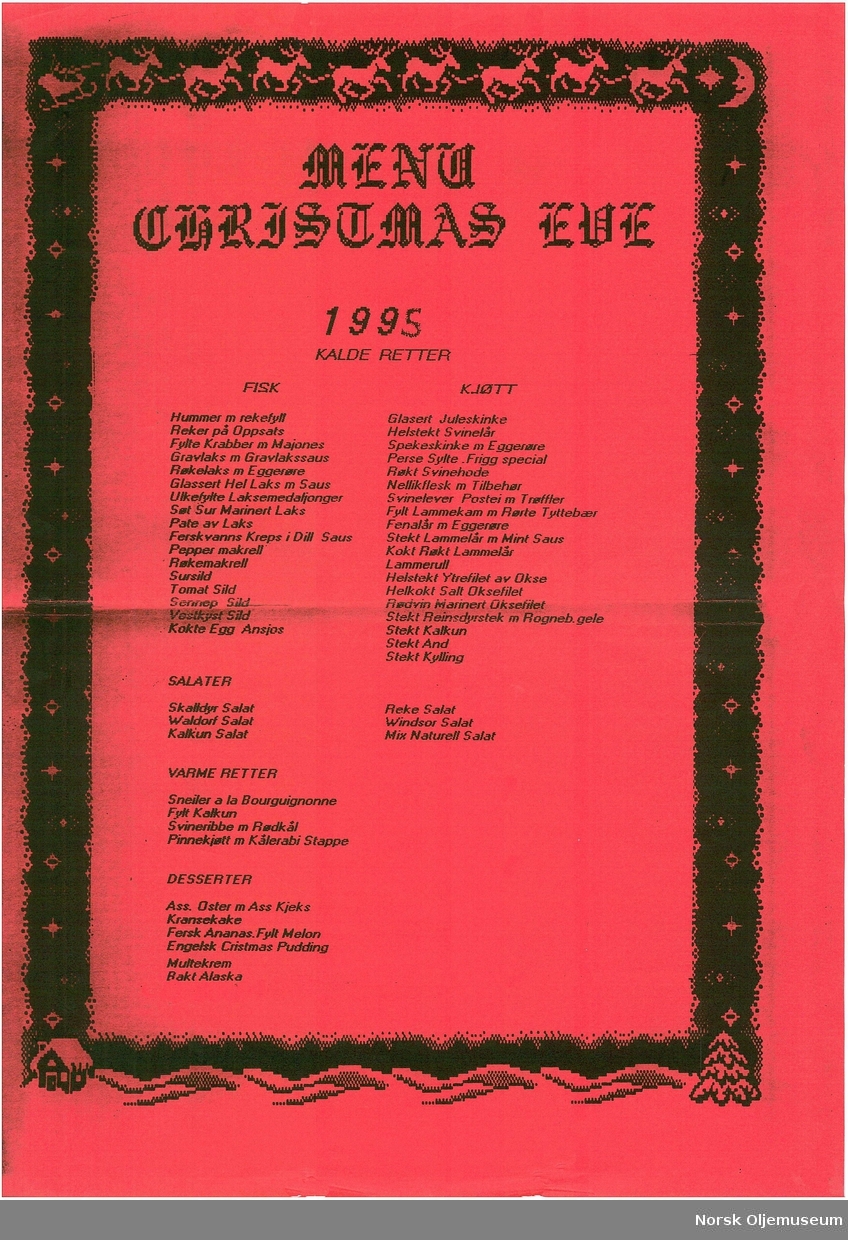 Meny for julaften 1995 på Frigg QP 