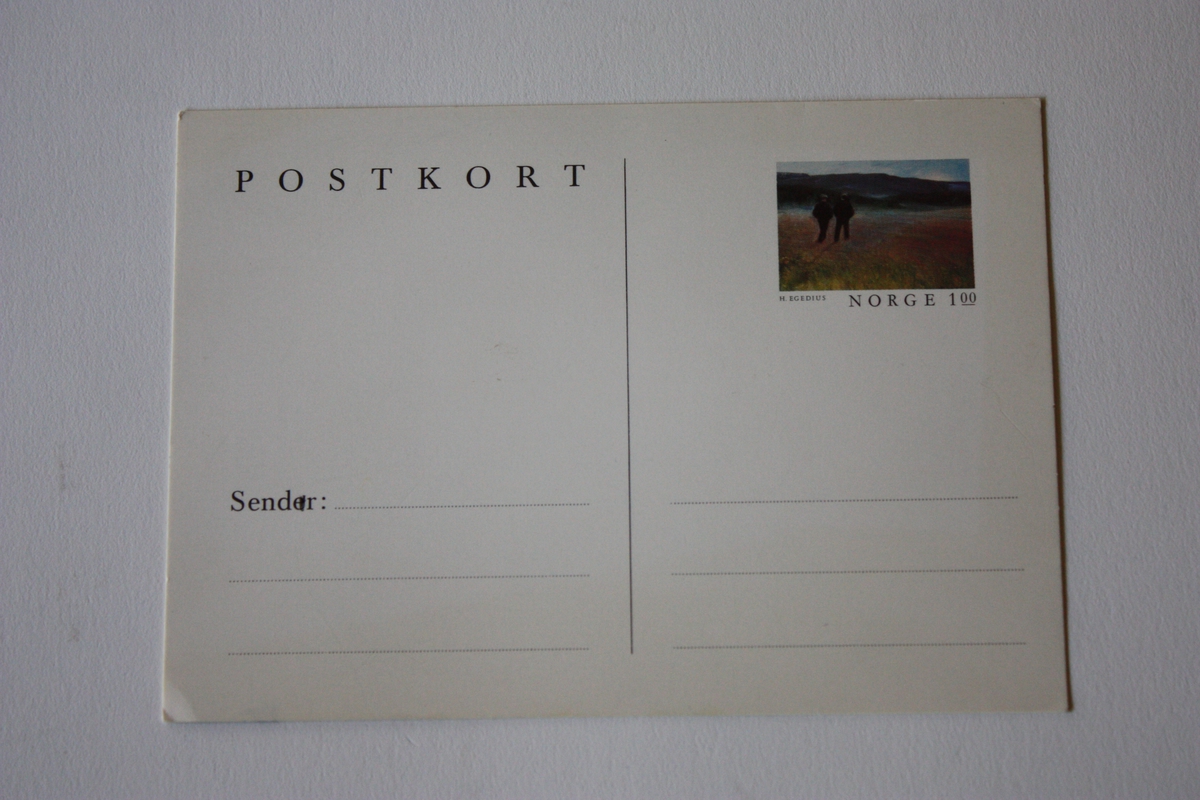 Postkort med ferdig trykte felt for innskriving av adressat og avsendar. Trykt frimerle NORGE 100 (1 kr) Motiv av Egedius. Blank bakside til påskriving.
Likt SUM.06811