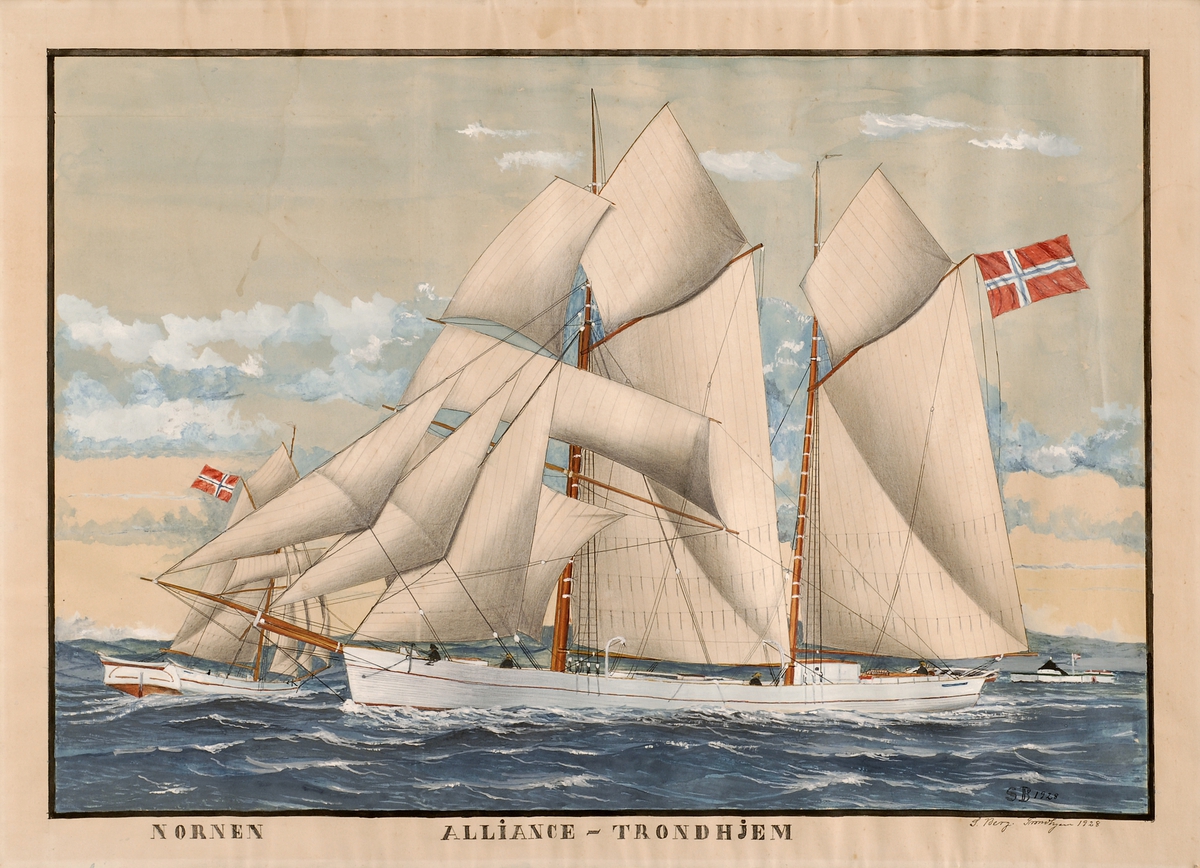 Galeas Alliance og jakt Nornen utenfor Trondheim, Munkholmen i bakgrunnen.