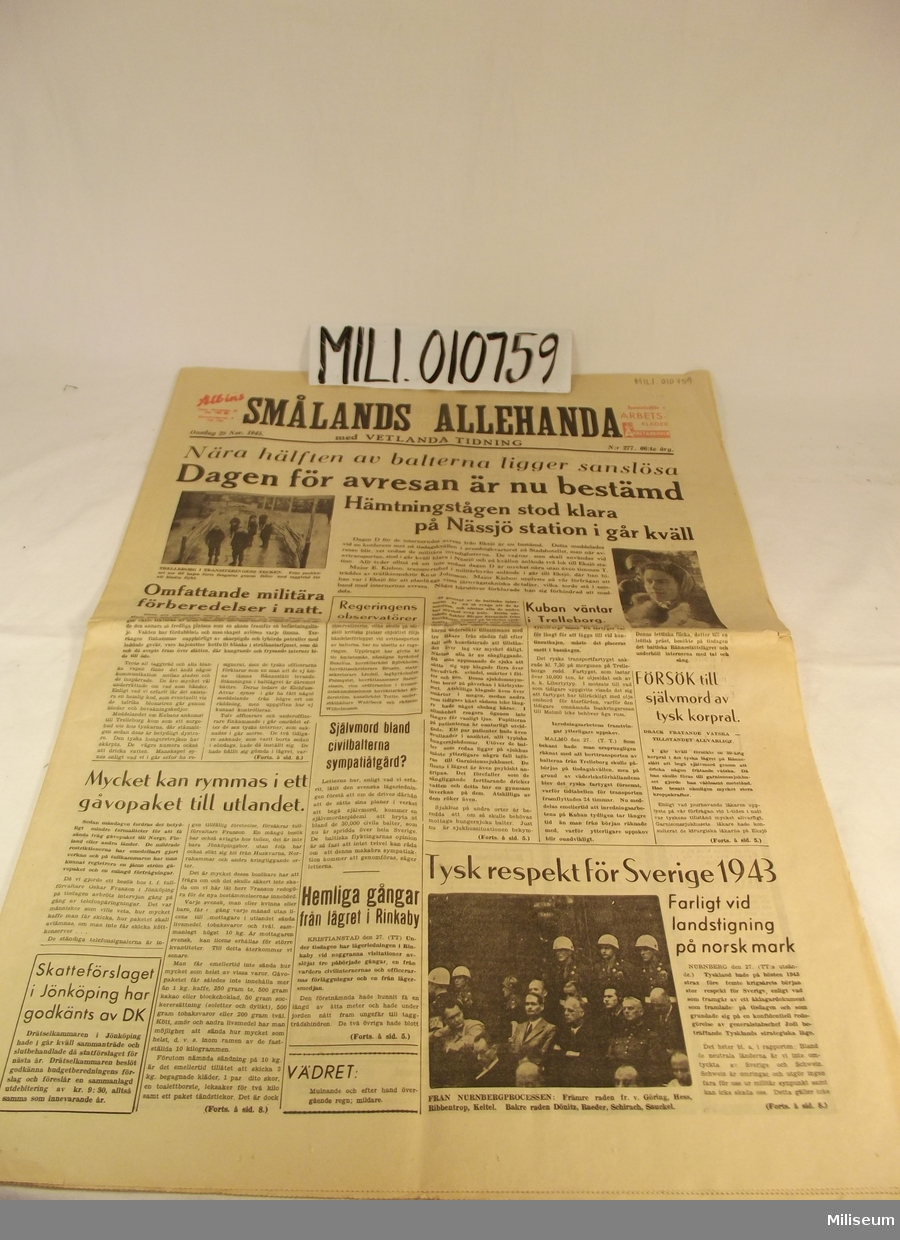 Tidning "Smålands Allehanda" från den 28 november 1945