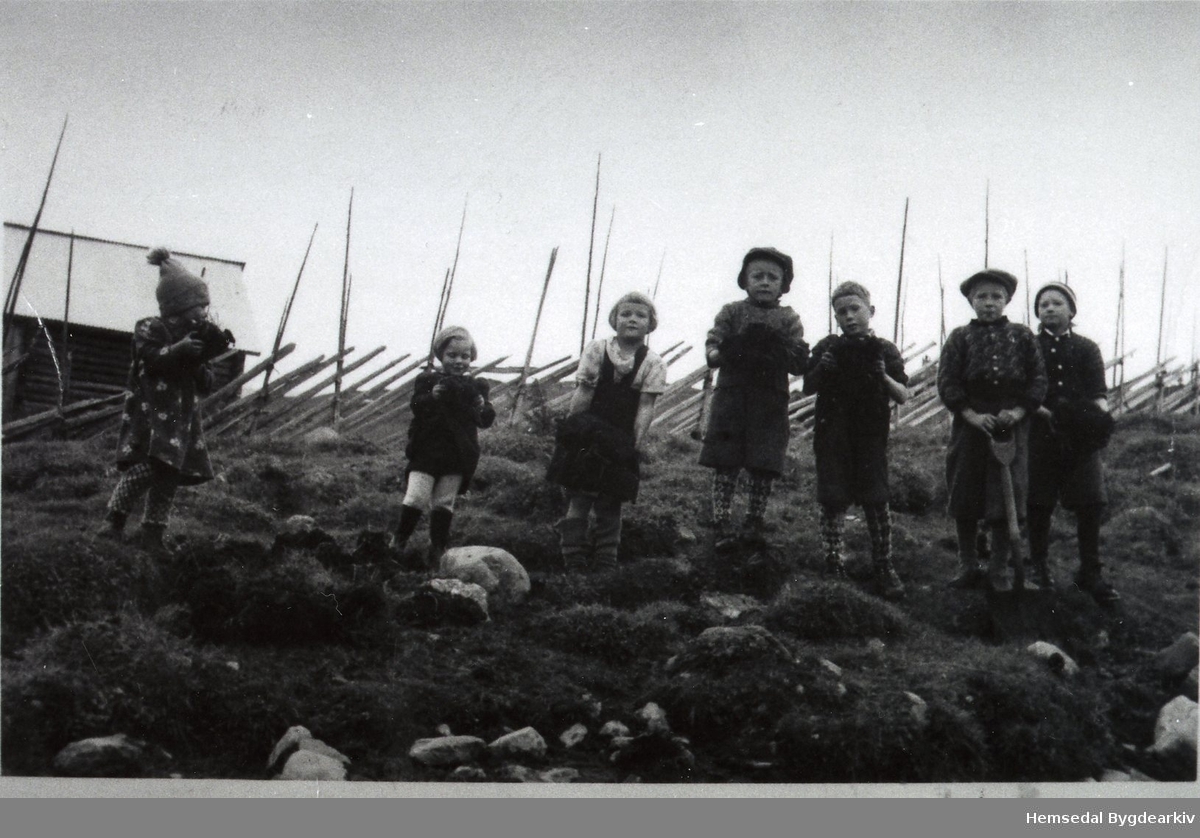 Bygging av badedam på Jonstølane i Hemsedal på 1940-talet.
Frå venstre: Kristine Grøthe, to byjenter, Klara og Kristian Halbjørhus, Olav Grøthe, Oskar og Halvor Halbjørhus