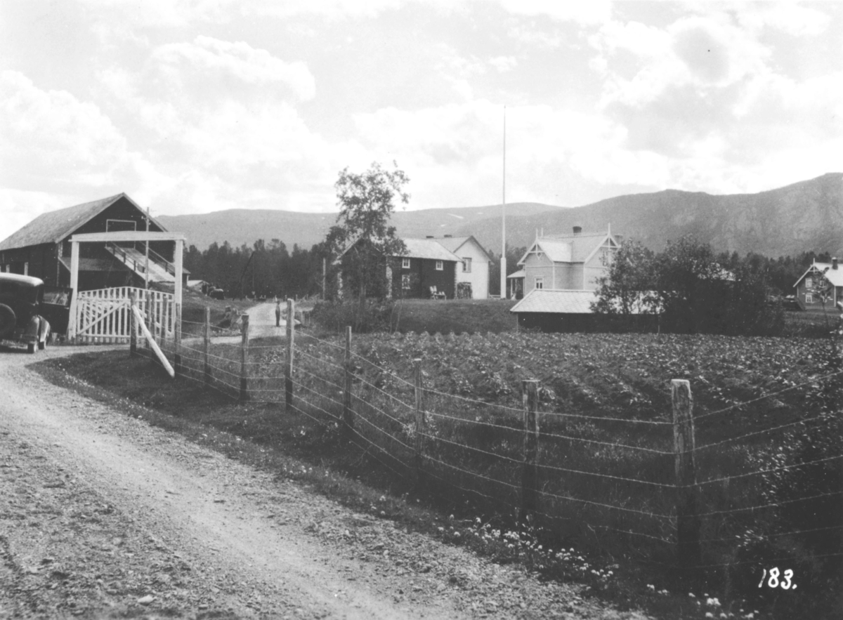 Jordbrukskomiteen på Stortinget foretok en reise til Finnmark i 1935. Kleppe var med, og ga bildene sine fra denne turen til fylkesmann Gabrielsen etter krigen. På dette bildet er Tangen gård i Alta fotografert. Vi ser våningshus, fjøs og åkre/potetland. En bil er parkert ved gårdsporten.