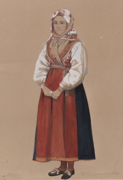 "Malung". Kvinna i dräkt. Akvarell av P Södermark.