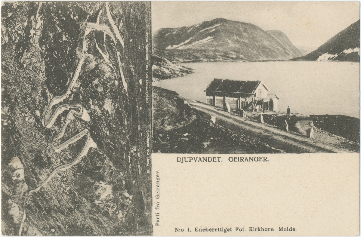 Prospektkort som viser Djupvandet med hytte og Ørnevegen i Geiranger.