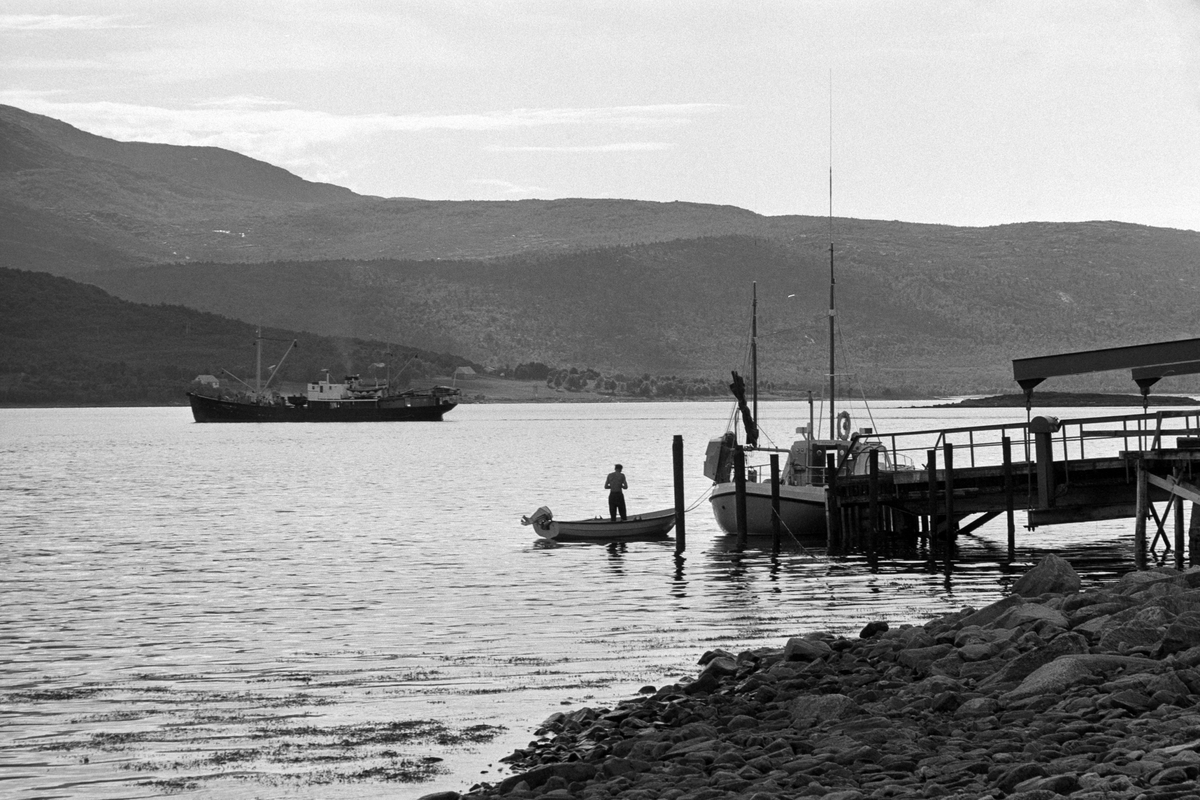 M/S "Hekkingen", fotografert  med båter og en fergekai i forgrunnen.