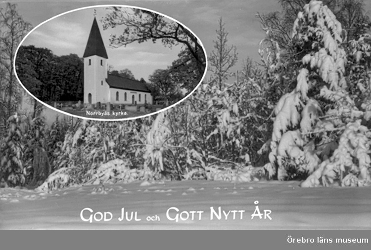 Norrbyås kyrka, exteriör.
Bilden tagen för jul- och nyårskort (text: God Jul och Gott Nytt År).