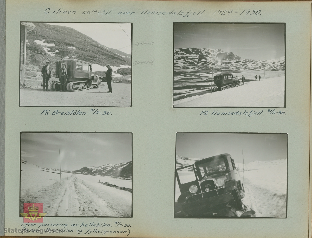Album fra 1918-1934, "Snebrøyting." I følge merking: "Citroen beltebil over Hemsedalsfjell 1929-1930. Efter passering av beltebilen 31.05.1930."