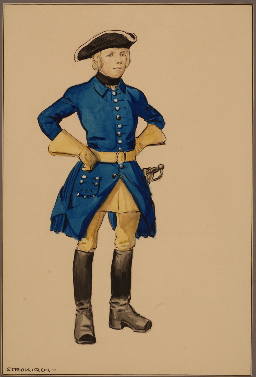 Plansch med uniform för trossdräng vid Västgöta kavalleriregemente tidigt 1700-tal, ritad av Einar von Strokirch.
