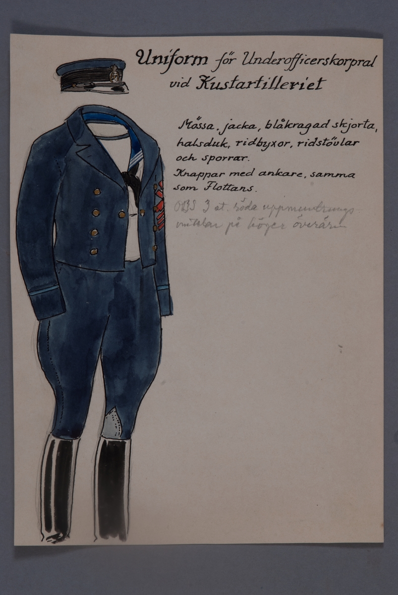 Uniformsteckning i original av Einar von Strokirch, för underofficerskorpral vid Kustartilleriet.