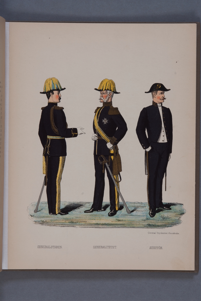 Plansch i färgtryck med uniform för Generalstaben, Generalitetet och Auditör. Ingår i boken Svenska arméns och flottans uniformer, utgiven av P.B Eklund 1891.