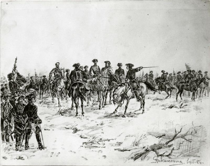 Tegning med blyant på papir av Karl XII med kavalleri