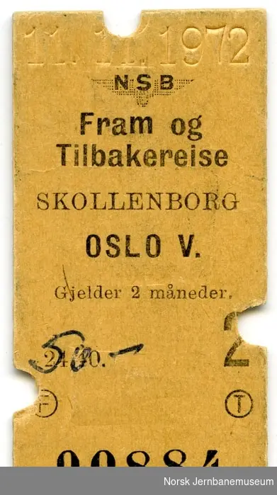 Tur/returbillett Skollenborg-Oslo V, 2. kl.