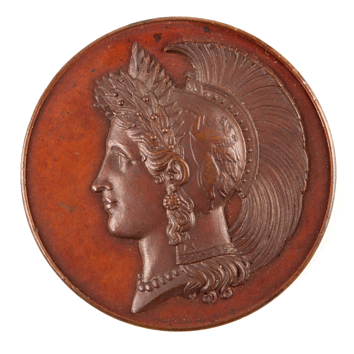 Framsida: Krigarhuvud; Pallas Athene med romersk hjälm och lagerkrans.