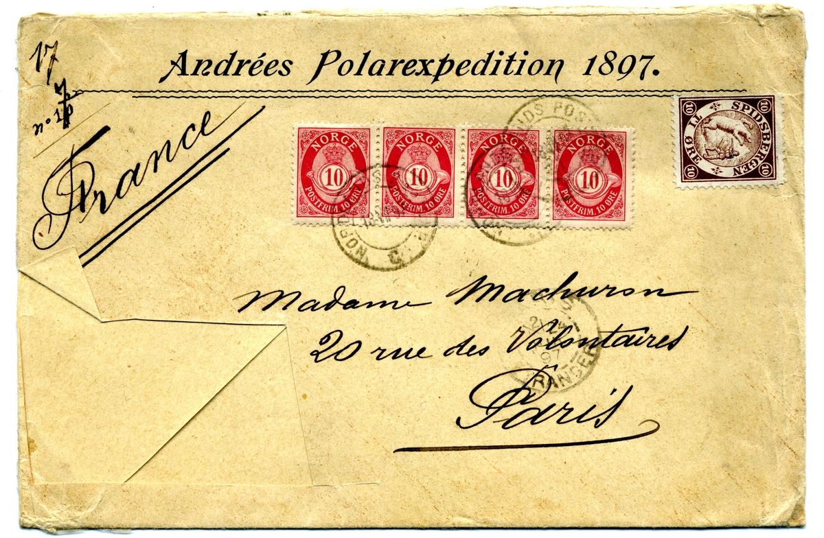 Kuvert adresserat till madame Machuron. Ett Spidsbergen-frimärke á tio öre samt fyra norska á 10 öre.