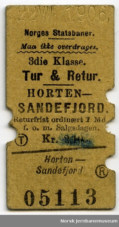Tur/returbillett Horten-Sandefjord, 3. kl.