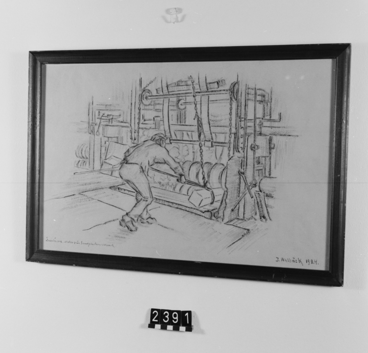 Teckning i blyerts och sepia, inom glas och ram. "Frambärare", motiv från Smedjebackens valsverk.