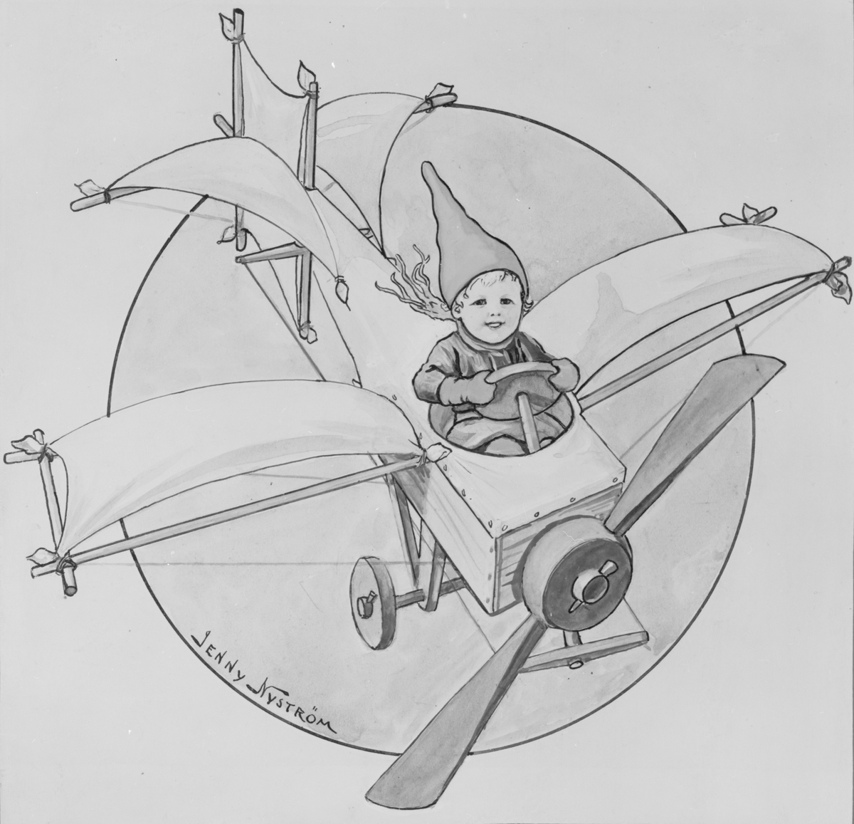 Förlaga till vykort, pojke i tomteluva i improviserad flygmaskin av tidig Bleriot-typ. I ram under glas. Ramen från 1950-talet.