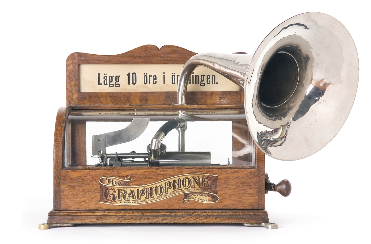 Fjäderdriven fonograf med fast vev，med automatisk spelning för en kostnad av 10öre。天顶高度：115毫米。