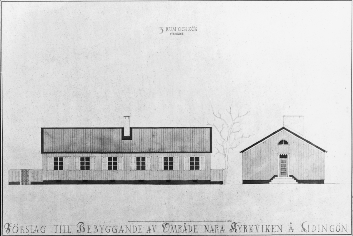 Bild från Ingenjör P. Wretblads material för Bygge och Bo-utställningar.
Förslag till bebyggandet av området nära Kyrkviken, Lidingö. 3 rum och kök. "Hemkult typ II".