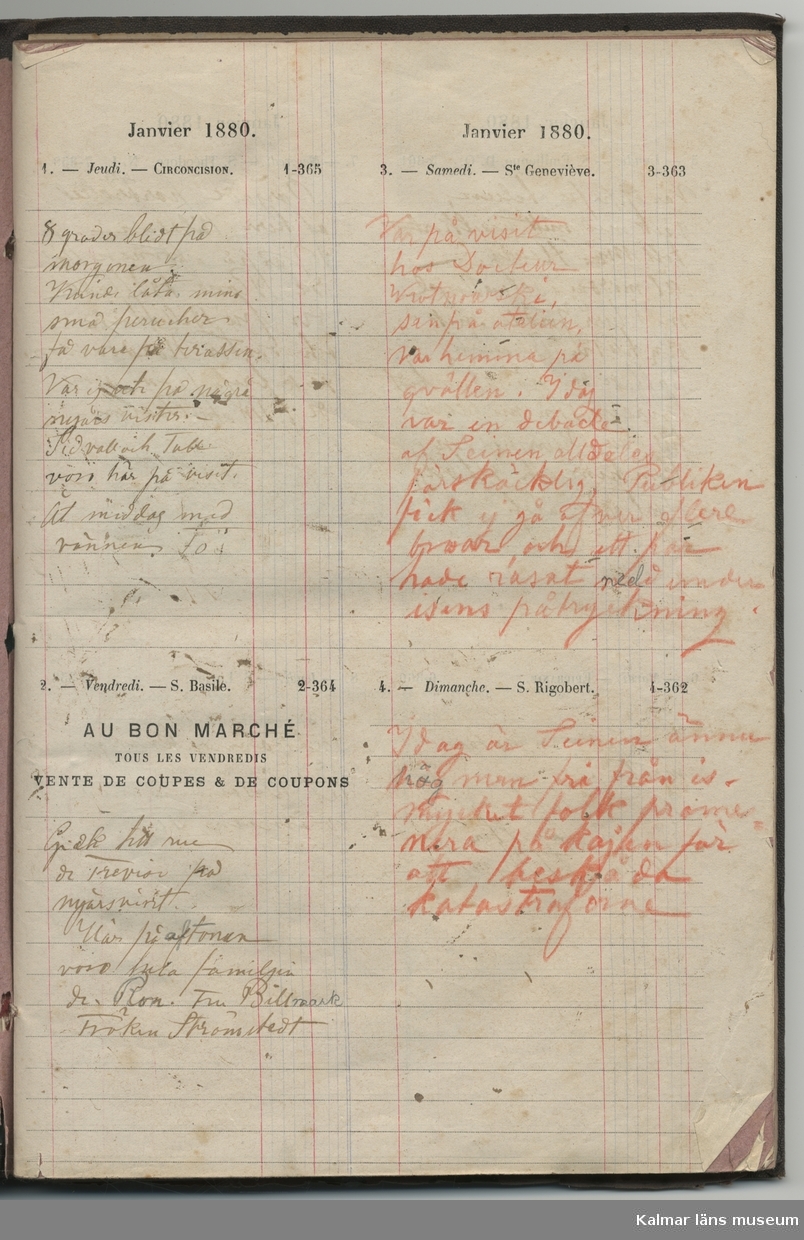 KLM 39661:31:1-3 Dagbok. 3 st dagböcker/kalendrar, från 1880 (:1), 1881 (:2) och 1887 (:3). Anteckningar skrivna av konstnären Christine Sundberg. Korta noteringar om händeler och visiter, vem hon fått brev från och vem hon själv skickat brev till.
