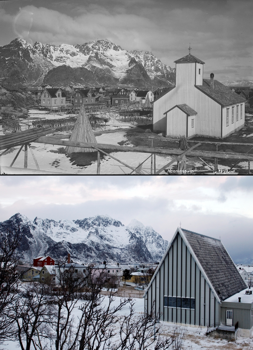 Refotografering. Henningsvær kirke på Vågan i Nordland med tettstedet i bakgrunnen. Den nye kirken fra 1974 står på samme tomt som den gamle fra 1852. Fotografert 1935 og 2015.